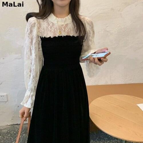 Lace Vintage Dress Women O-Neck Elegant Black Dress Korean Autumn 2021 Female Casual Patchwork Long Sleeve One-Piece Dresses