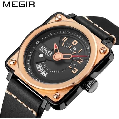 MEGIR Fashion Black Leather Quartz Men Watches Clock Square Army Military Wristwatches for Man Reloj Hombre Relogio Masculino
