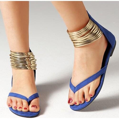 Personalized Metal foot ring clip toe flock gladiator sandals women back zip shoes woman closed heels flat sandalias mujer 2020
