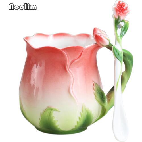 NOOLIM European High-grade Enamel Ceramic Coffee Cups Creative Rose Flower Tea Cup 4 Colors