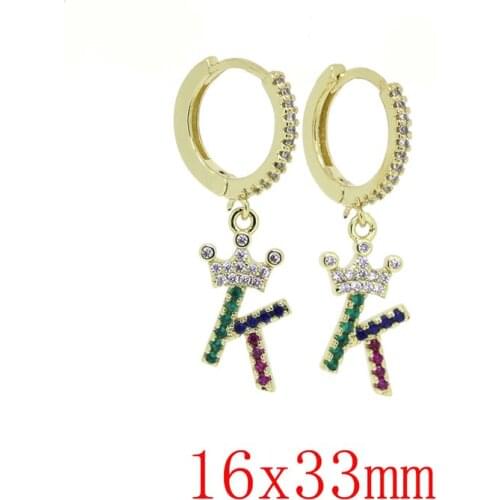 Initial alphabet 26 letter A-Z name charm crown pendant paved color zirconium round ear ring drop earrings for woman unique gift