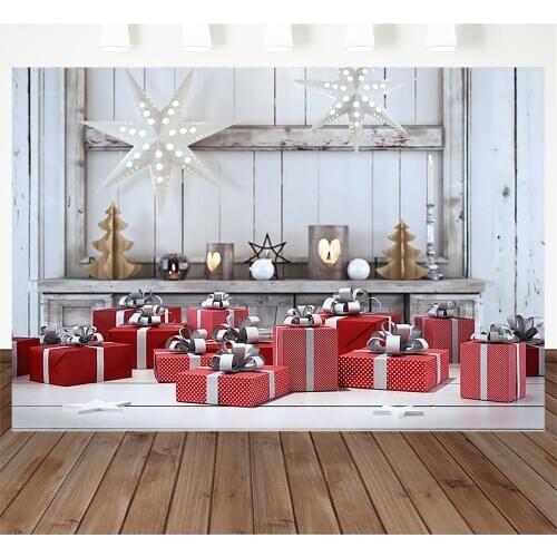 Christmas Gifts Background For Photography Wood wall Backdrop For Photo Red gift box Shine Star Candle Wood floor silver white B