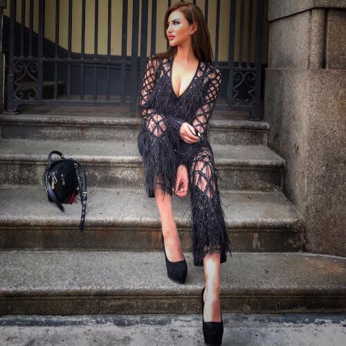 Sexy Sequin Feather Jumpsuit Designer Luxury V Neck Long Sleeve Pearl Beading Bodysuit See Through Plaid Wide Leg Jumpsuit