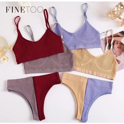 FINETOO Seamless Women Top Panties Set Cotton Tops Low Waist G-String Underwear Set Soft Active Wear Lingerie Fitness Crop Top