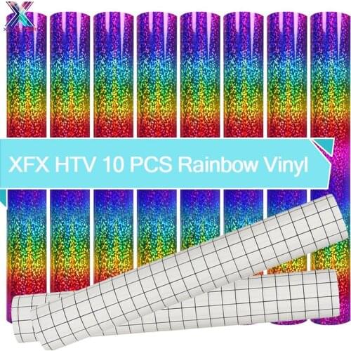 XFX HTV 10 Sheet Rainbow Adhesive Vinyl Holographic Gradient Glitter Craft Vinyl 12*12 IN Self Adhesive Vinyl for Cup DIY Cricut