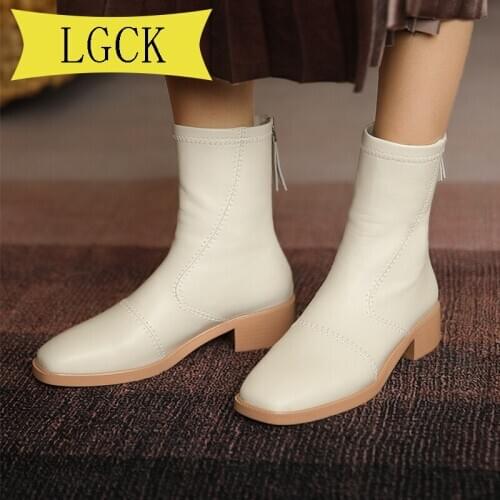 Plus Size 34-43 Winter Fashion Women Boots Beige Square Toe Genuine Leather Ankle Boots Heels Shoes Autumn Winter Female Boots