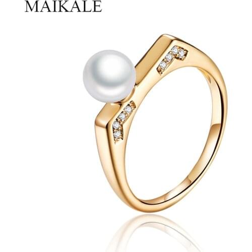 MAIKALE Simple 6MM Pearl Zirconia Fine Rings Gold Color Plated Copper Finger Ring Wedding Band Rings for Women Jewelry Gifts