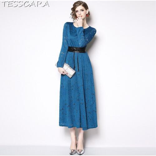 TESSCARA Women Autumn & Winter Elegant Lace Dress Festa Female High Quality Vintage Designer Vestidos Office Party Robe Femme
