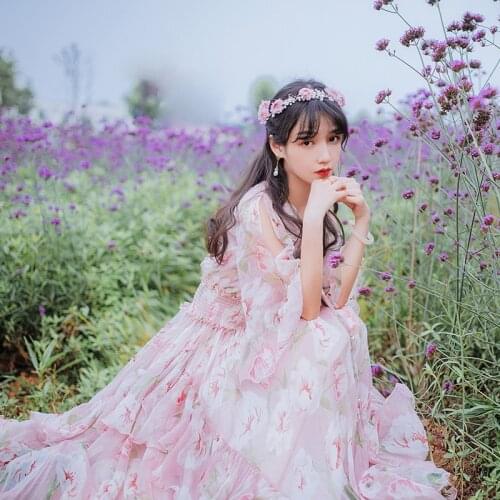 Women Summer Chiffon Dress New Three Quarter Sleeve Floral Print Ruffles Elegant Elastic Waist Long Party Dresses 2021 Hot Sale