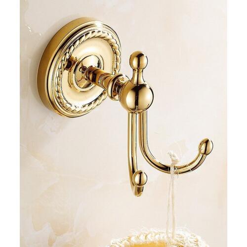 Golden Double Hook Brass Wall Clothes Rack Cloth Hook Wall Hook Robe Hook For Bathroom Accessory Hanger KD770