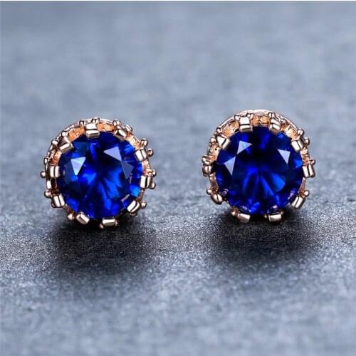 6MM Round Blue Zircon Stud Earrings Luxury Crystal Stone Crown Earrings For Women Bride Jewelry Vintage Rose Gold Small Earrings