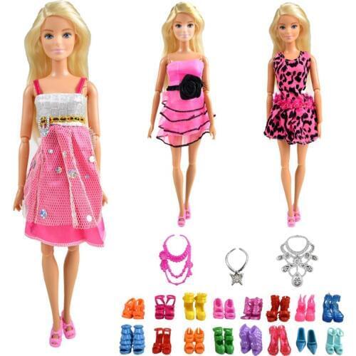 9 Item/Set Doll Accessories=3 Pcs Doll Clothes Dress + 3 Plastic Necklace + Random 3 Pairs Shoes for Doll Accessories Girl Toys