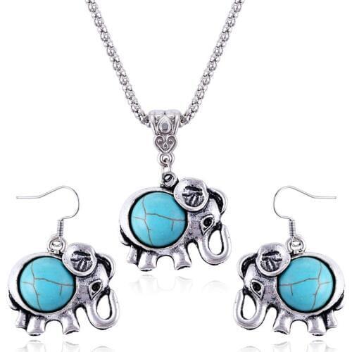 Antique Silver Color Jewelry Set Cute Elephant Pendant Blue Beads Necklaces Drop Earrings Statement Charm For Women Choker