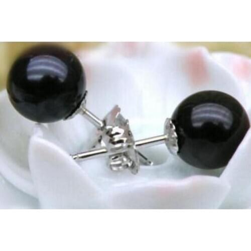 Free Shipping ROUND BLACK 9-10MM AAA SOUTH SEA PEARL EARRING 14 WHITE GOLD