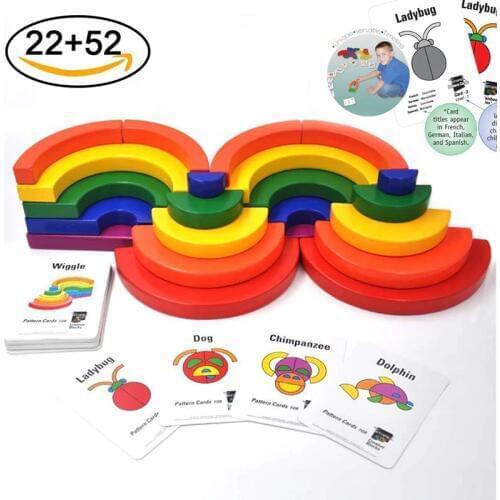 22pcs Large Circle Set Rainbow Blocks Wooden Toys with 52 Pattern Cards Educational Creative Building Blocks 3kg Birthday Gift