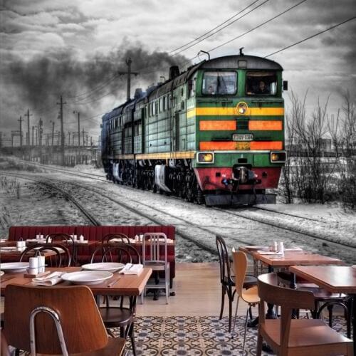 Photo wallpaper Retro Nostalgic Black White Steam Train Mural Custom Cafe Bar Mural high quality restaurant Wallpaper