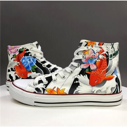 Wen Hand Painted Shoes Original Design Custom Chinoiserie Cyprinoid Fish High Top Men Womens Canvas Sneakers for Gifts