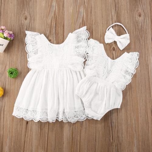 Citgeett Summer Matching Clothes Sisters Fly Sleeve Lace Romper+Headband Outfit Set Fly Sleeve Lace White Dress Clothing