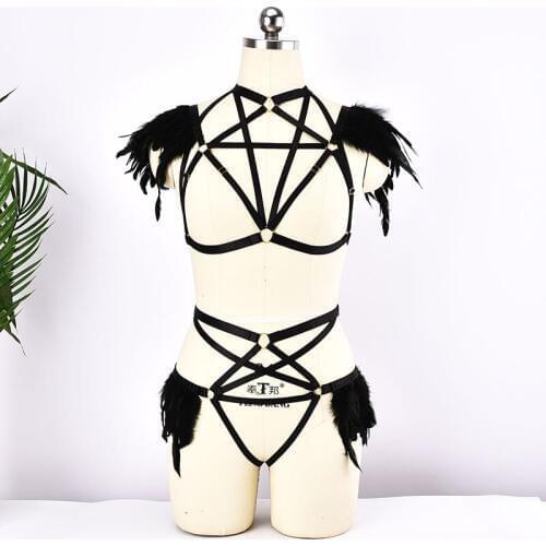 Harajuku Feather Harness Set Sexy Black Pentagram Bra Punk Pentagram Bottom Panties Festival Bondage Harness Lingerie Bodysuit
