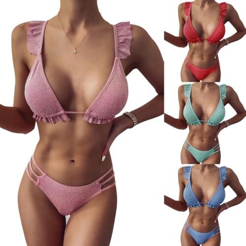 Hot Sale Bikinis Sexy Ruffle Side Beachwear Thong Two Piece Suits Solid Color Swimsuit Women V Neck Swimwear 2021 Bikini Set