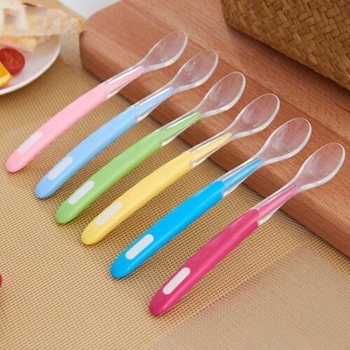 Soft Food-grade Silicone Long Handle Baby Infant Learning Feeding Spoon Flatware Random Color