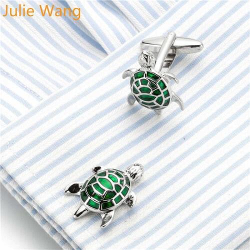 Julie Wang 1 Pair Brass Turtle Cufflinks For Mens French Shirt Cuff Buttons High Quality Green Sleeve Nail Business Gift