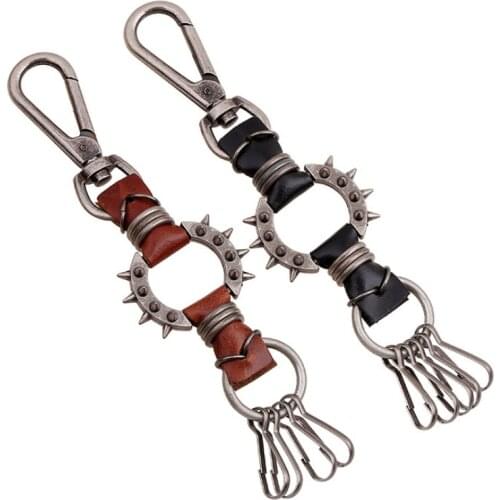 Punk Gothic Rock Men Metal Cuspidal Spikes Rivet Cone Stud Keychain Genuine Leather for Car Keys Ring Fashion Hiphop Accessories