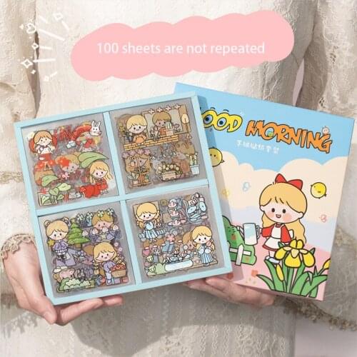 100 Sheets Not Repeated Cute PET Stickers High Capacity Cartoon Character Decoration Sticker Gift Box School Supplies