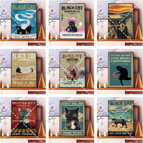 Black Cat Poster Cat Wash Your Paws Tin Sign Bathroom Decorations for Wall Home Decor for Bathroom Living Room Plaque 8x12 Inch