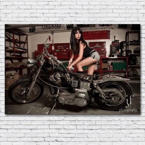 Girl and Vintage Motorcycle Retro Vehicle Wall Art Posters Canvas Prints Art Paintings For Living Room Decor