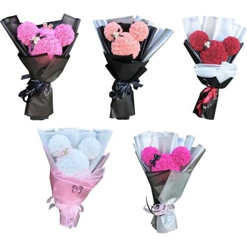Party Gift Artificial Flower Bouquet Rose Bubble Eternal Flower Bear for Valentines Day Mother Day Gift