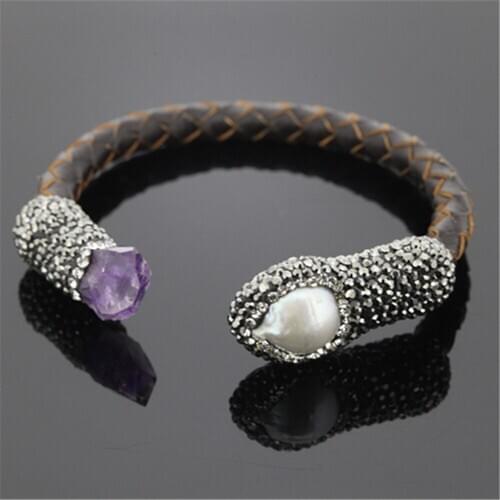 Natural Rough Pearl Purple Crystal Bead Charm Unisex Bangle Cuff Pave Rhinestone Real Leather Bracelet For Women Wedding Gift