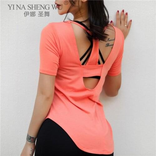 Fitness Gym Hollow Out Backless Tops Womens Sport Yoga Shirts Short Sleeve Loose Workout Shirt Dry Quick Breathable Sportswear