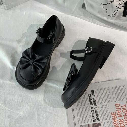 Korean Japanese Harujuku Female Student Jk Uniform Loli Shoes Soft Girl Button Bow Mid Heel 3.5cm Anime Cosplay Women Flats