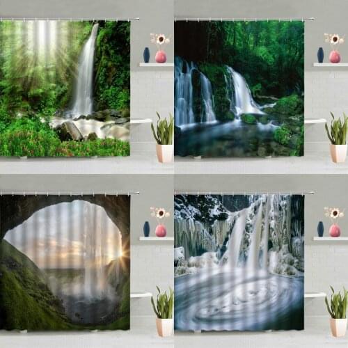 Autumn Natural Scenery Shower Curtain Waterfall Green Forest Trees Plants Flowers Bathroom Decoration Screen Washable With Hooks
