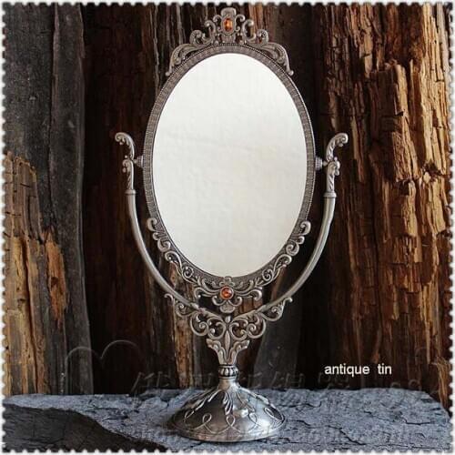 Retro dressing table mirror classical tin Metal desktop double-sided makeup mirror European antique elliptical dresser mirror