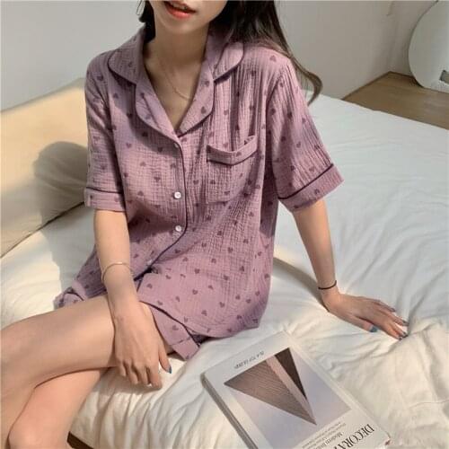 2PCS Cotton Lady Summer Pajamas Suit Lapel Collar Short Sleeve Cute Shorts Pyjamas Set Pijamas Sleepwear Suit Girls Homewear