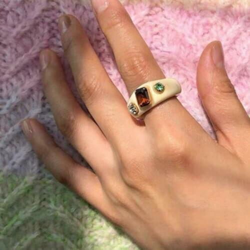 Ladies New Vintage Fashion Printing Grain Resin Ring Square Cool Wind Ring Wide Colorful Ring Finger Acrylic Rhinestone Band