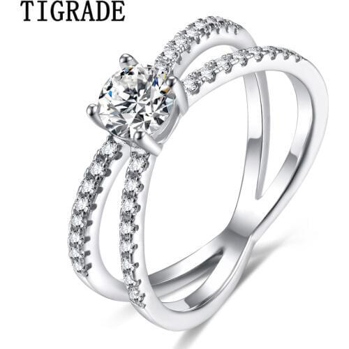 Tigrade Woman Wedding Engagement Ring 925 Sterling Silver Jewelry Band For Female Cross 5A+ Cubic Zirconia Big Stone Rings anel
