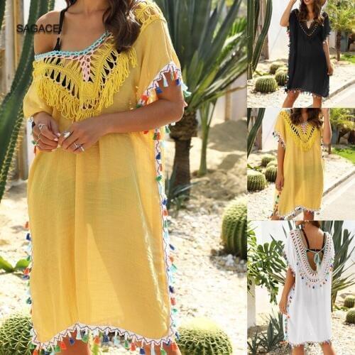 SAGACE Women Loose Bikini Hook Beach tassel Cover-UP Beach Ethnic Blouse Dress Summer Holiday Sunscreen Beach Swimsuit CoverA316