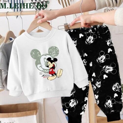 2pcs/set 2021 Disney Mickey Mouse Baby Cartoon Cotton Suit Childrens Longsleeve T-shirt+pants Baby Boys Girls Outfits Clothes