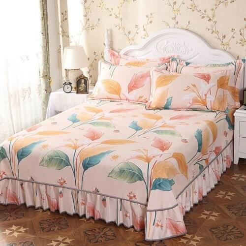 3pcs Set Thicken Printed Bed Skirt Soft Sanding Dust Proof Bed Skirt King Queen Size Bedspread with 2pcs Pillowcase