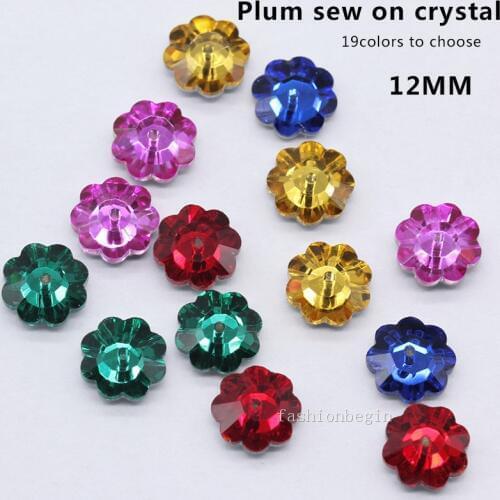 72p 12mm Plum Flower Shape Sew On middle Hole Crystal Cut glass Rhinestones Non hotfix Flatback DIY Decoration stone multi-color