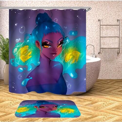 Afro Black Sexy Women Girl African American Women with Yellow Fish Bathroom Curtain