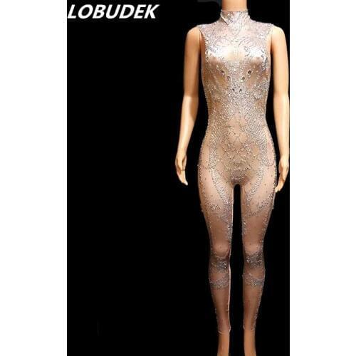 Bling Silver Rhinestones Sleeveless Jumpsuit Crystals Stretch Leotard Sexy Women Singer Stage Outfit Nightclub Party DS Costume