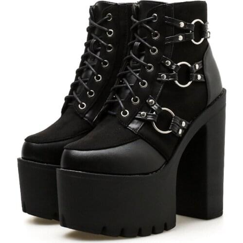 Dropshipping 2021 Women Ankle Boots Leather Gothic Platform Punk Winter Martin Black High Heels Ladies Shoes Plus Size 41 42 43