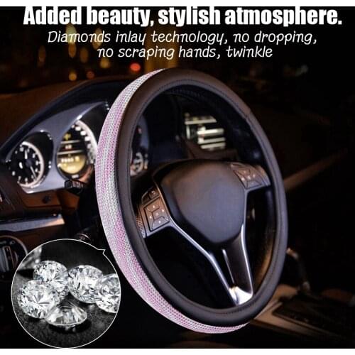 Bling Bling Rhinestones Car Steering Wheel Cover Crystal Diamond PU Leather Anti-Slip Auto Steering Covers 37- 38cm /14.5"-15"
