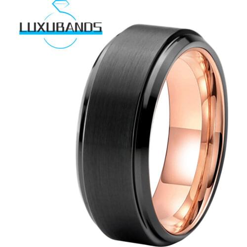 Black Fashion Tungsten Carbide Ring Rose Gold Inner 8MM Stepped Beveled Edges For Men Wemen Brushed Finished Comfort Fit