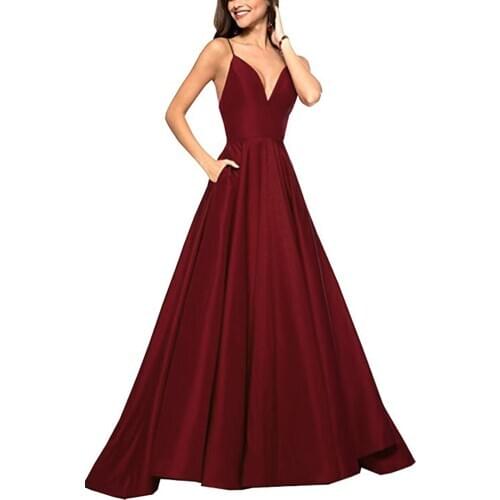 Womens Spaghetti Strap Prom Dresses Long 2020 A-line V Neck Satin Formal Evening vestidos de festa longo платья для выпускного