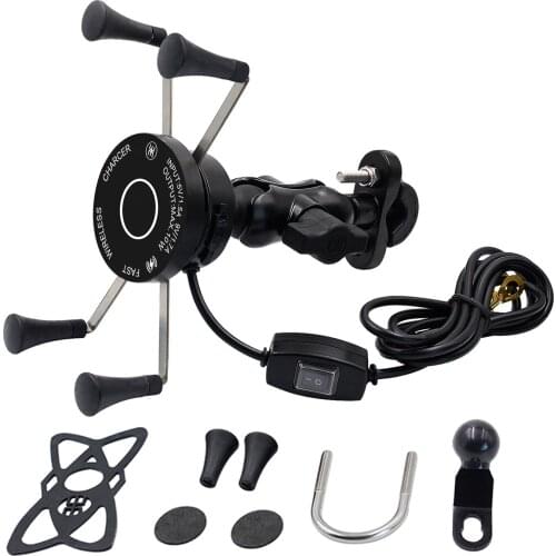 Motorcycle Phone QC3.0 USB Qi Fast Charging Wireless Charger 9-30v Bracket Holder 360 Rotation Motorcycle Bicycle Handlebar
